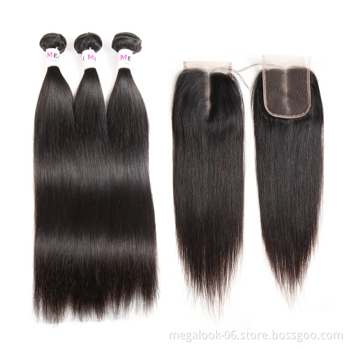 Megalook Hair Discounts Cheap 100 Percent Indian Remy Mink Unprocessed Virgin Straight Human Hair Bundle With Closure